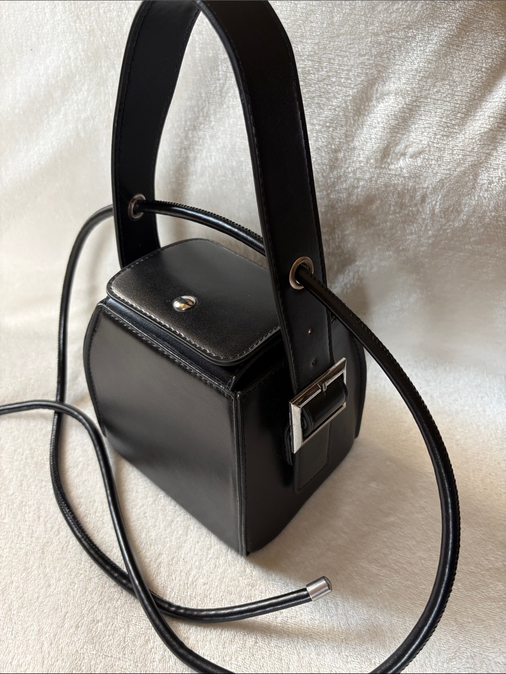 Structured Black Mini Shoulder Bag with Buckle Detail